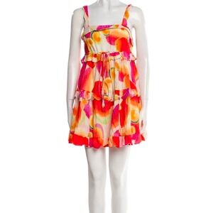 Farm Rio Tiered Mini Dress Womens XS Orange Tropical Boho Summer